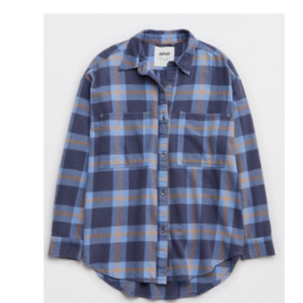 Aerie AE American Eagle Anytime Fave Flannel Shirt blue xsmall Fresh Bright